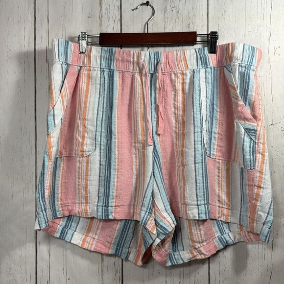 Lane Bryant Pink Blue Striped Linen Blend High Rise Drawstring Summer Shorts - Picture 5 of 13